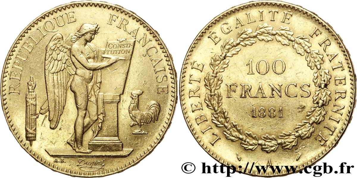 100 francs or Génie, tranche inscrite en relief Dieu protège la France 1881 Paris F.552/4 AU 