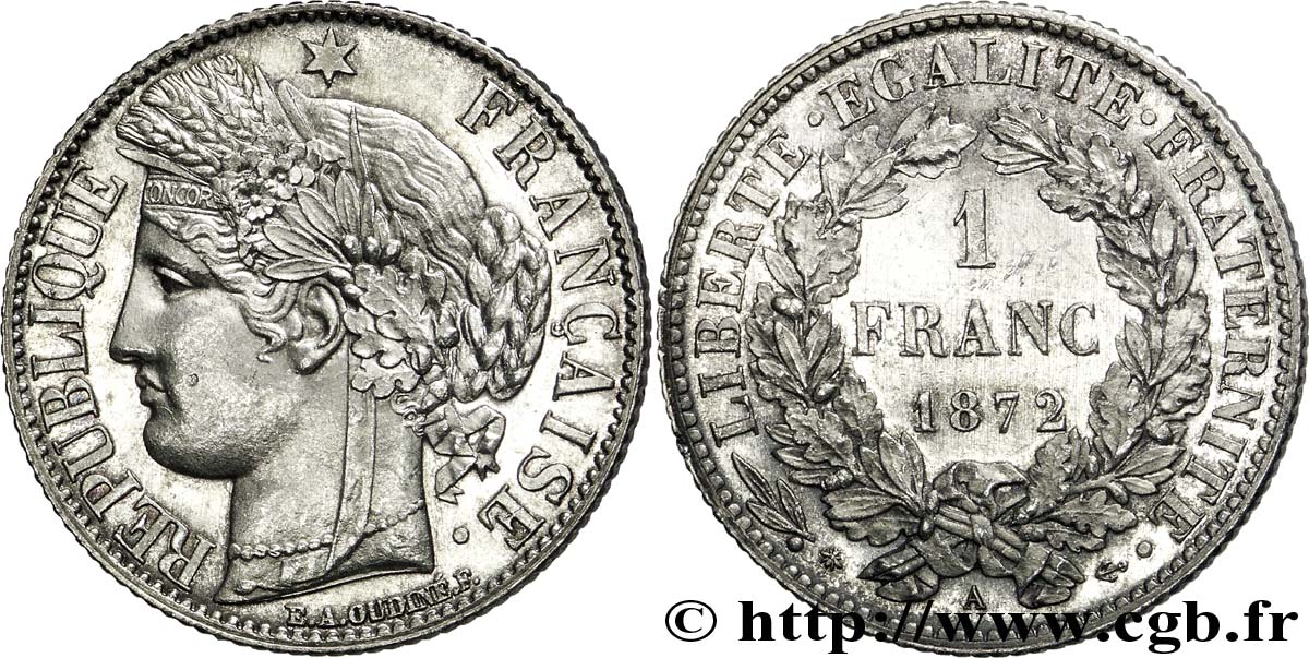 1 franc Cérès, Troisième République, petit A 1872 Paris F.216/5 VZ 