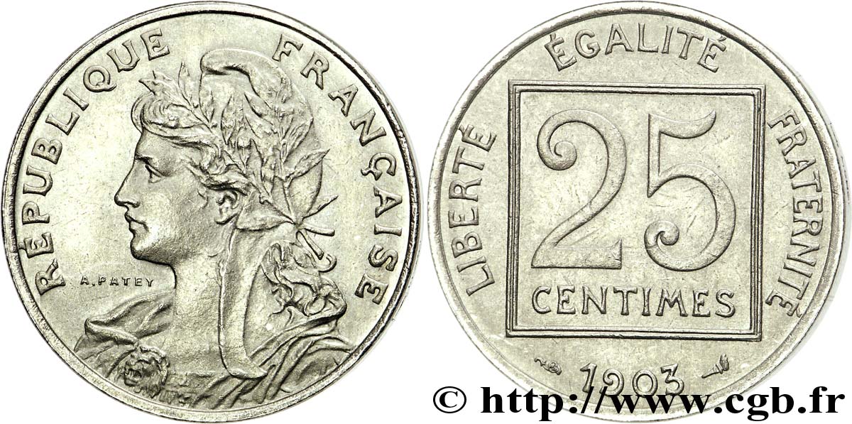 Piéfort de 25 centimes Patey, 1er type, sans le mot ESSAI 1903 Paris F.168/3P VZ 