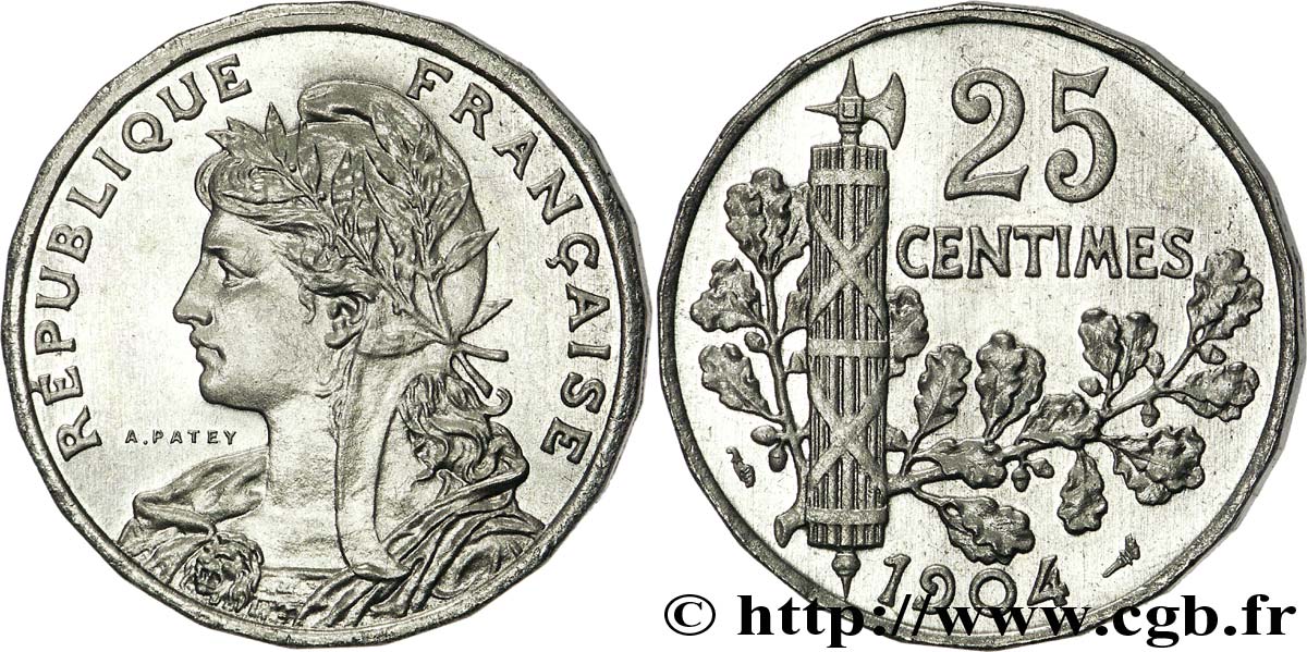 Piéfort de 25 centimes Patey, 2e type à 22 pans, sans le mot ESSAI 1904 Paris F.169/2P ST 