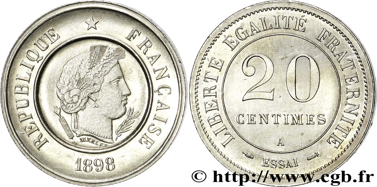 Essai-piéfort de 20 centimes par Merley  1898 Paris VG.4341  fST 