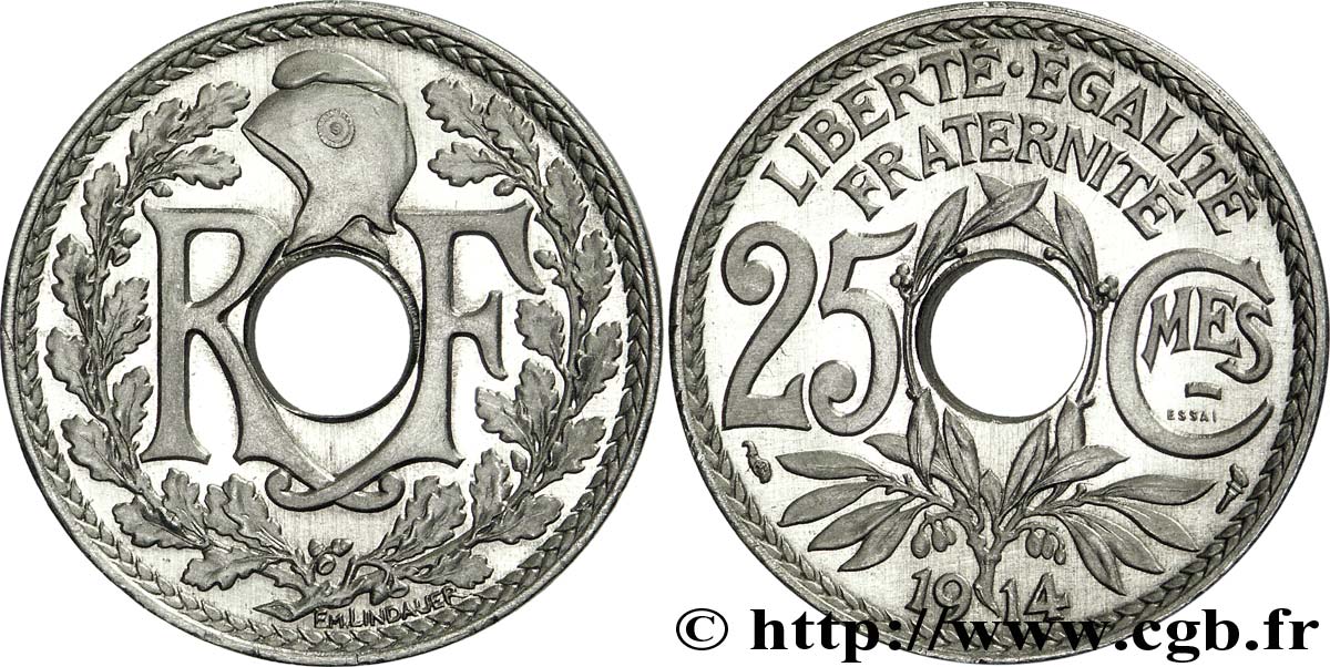 Essai-piéfort de 25 centimes Lindauer en nickel 1914 Paris F.170/1P SPL 