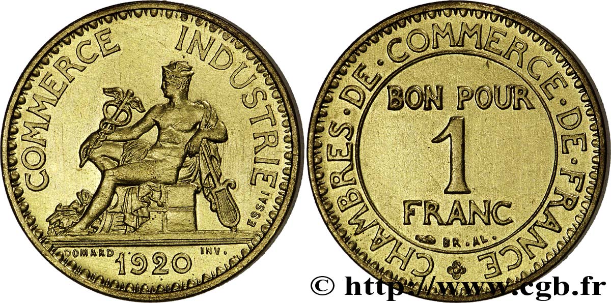 Essai-piéfort de 1 franc Chambres de Commerce bronze-aluminium 1920 Paris F.218/1P VZ 