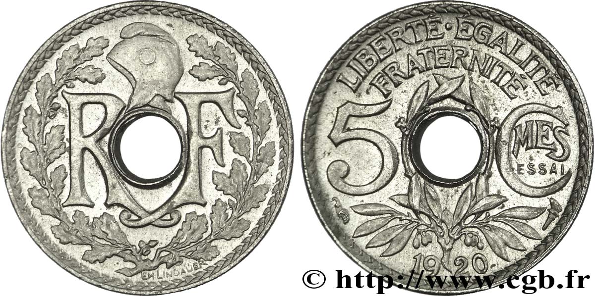 Essai-piéfort de 5 centimes Lindauer en cupro-nickel 1920 Paris F.122/1P SUP 