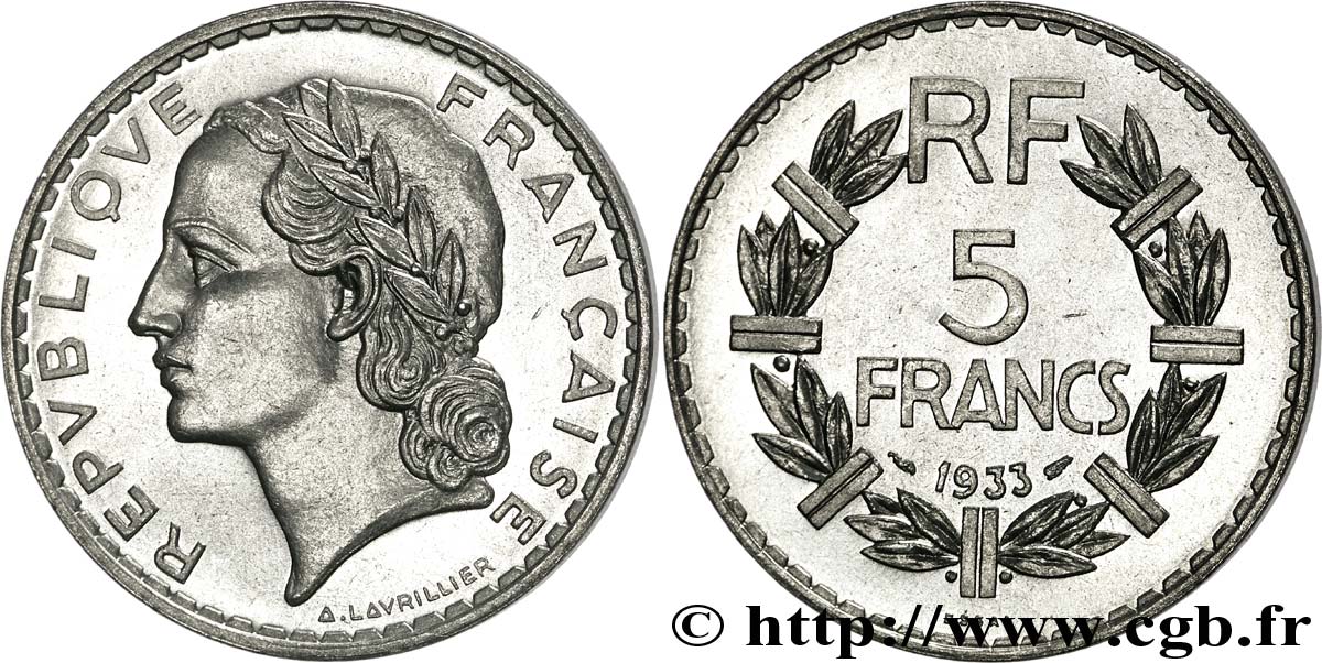 Essai de 5 francs Lavrillier, en nickel 1933 Paris F.336/1 SPL 