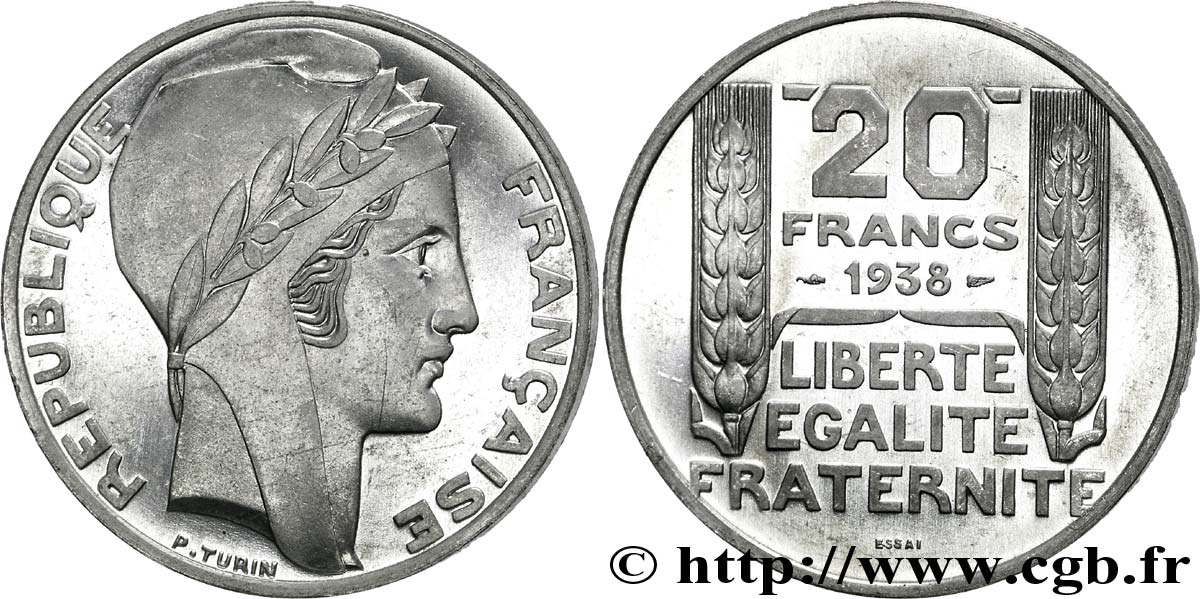 Préparation de la 20 francs Pétain, type Turin, en aluminium, tranche lisse, 5 g - Essai 1938 Paris VG.5489  b MS 
