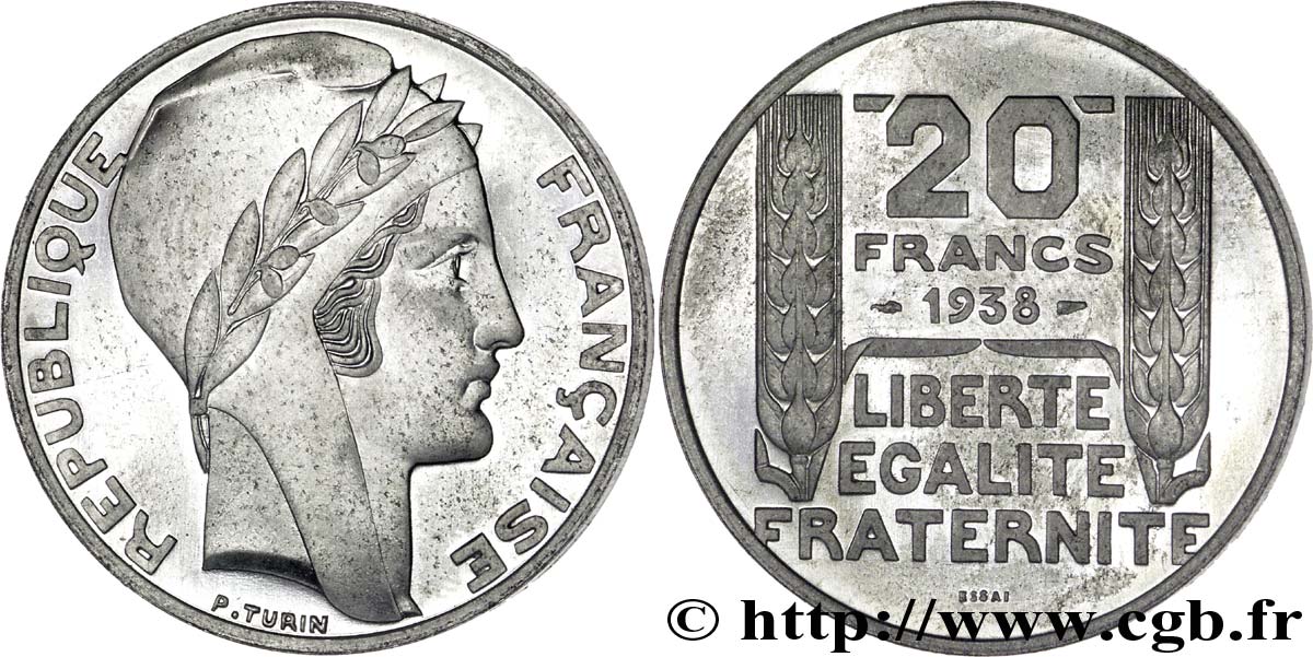 Préparation de la 20 francs Pétain, type Turin, en aluminium, tranche lisse, 4,6 g - Essai 1938 Paris VG.5489  b MS 