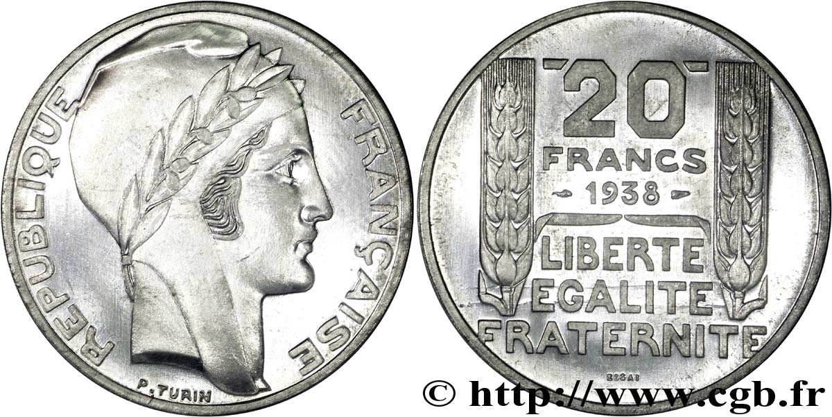 Préparation de la 20 francs Pétain, type Turin, en aluminium, tranche lisse, 3,6 g - Essai 1938 Paris VG.5489  b MS 