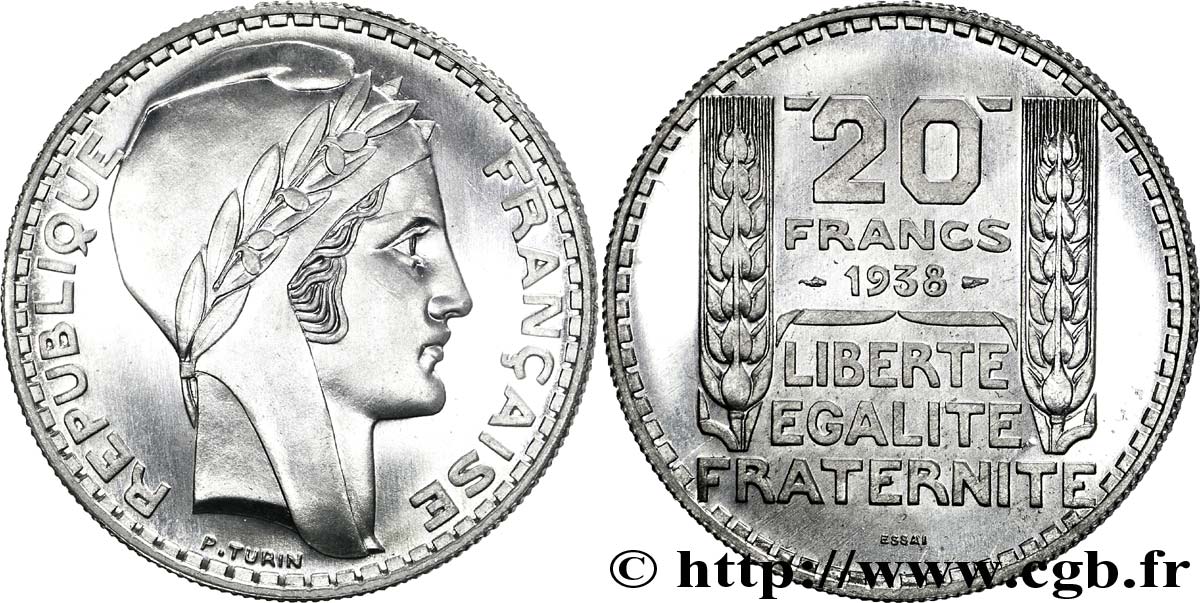Préparation de la 20 francs Pétain, type Turin, en aluminium, tranche striée, 3,6 g - Essai 1938 Paris G.853  MS 