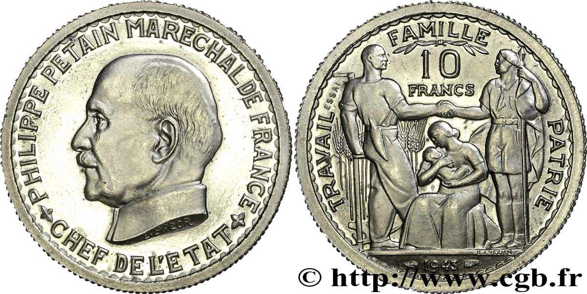 Essai grand module de 10 francs Pétain de Bazor et Vézien 1943 Paris G.809 var SC 