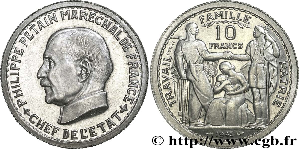 Essai de 10 Francs Pétain en aluminium de Bazor/Vézien 1943 Paris G.809 var fST 