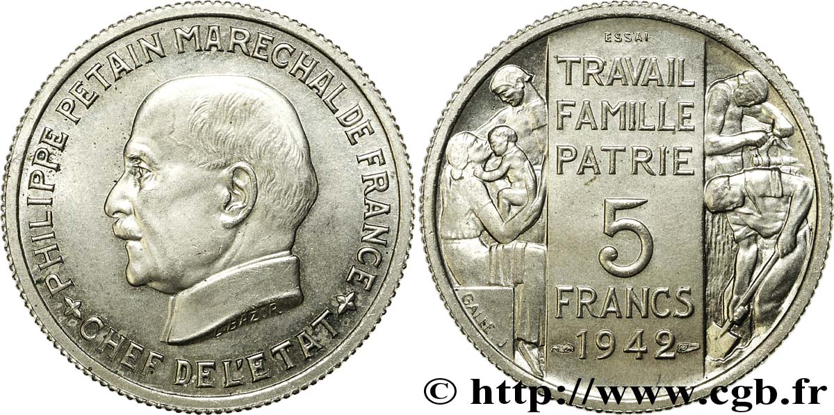Essai grand module de 5 francs Pétain en nickel de Bazor et Galle 1942 Paris VG.5610  SPL 