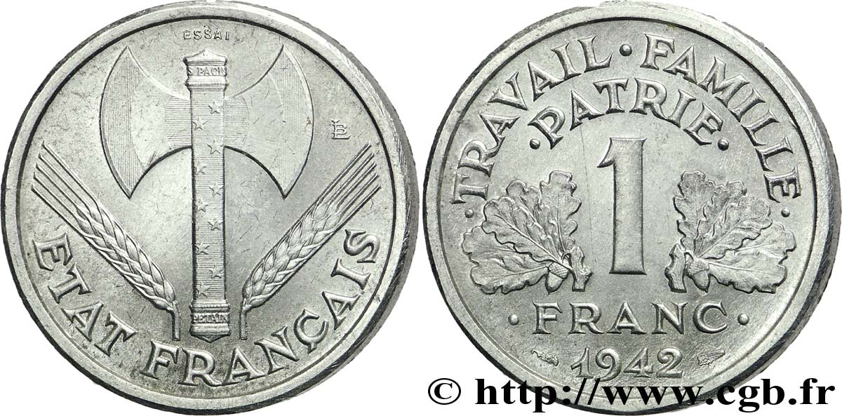Essai-piéfort de 1 franc Francisque, poids lourd 1942 Paris F.222/1P SPL 