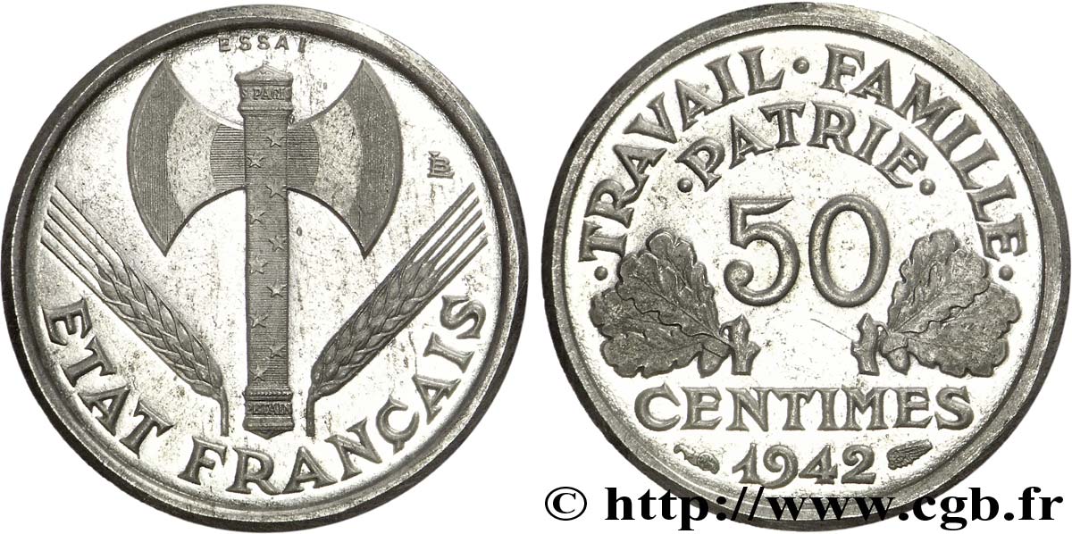 Essai-piéfort aluminium de 50 centimes Francisque 1942 Paris F.195/1P SC 