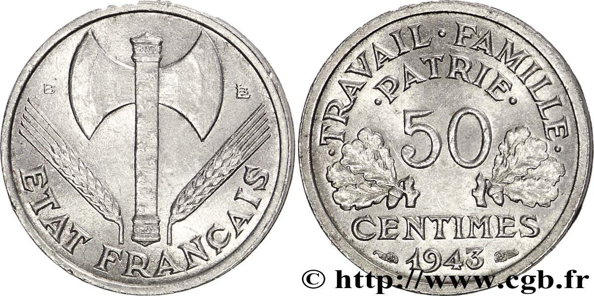 50 centimes Francisque, poids léger 1943 Beaumont-le-Roger F.196/3 EBC 