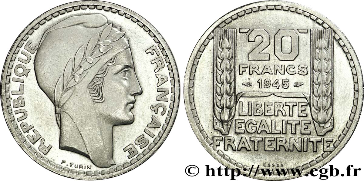 Essai-piéfort de 20 francs Turin nickel 1945  G.859 P SPL 
