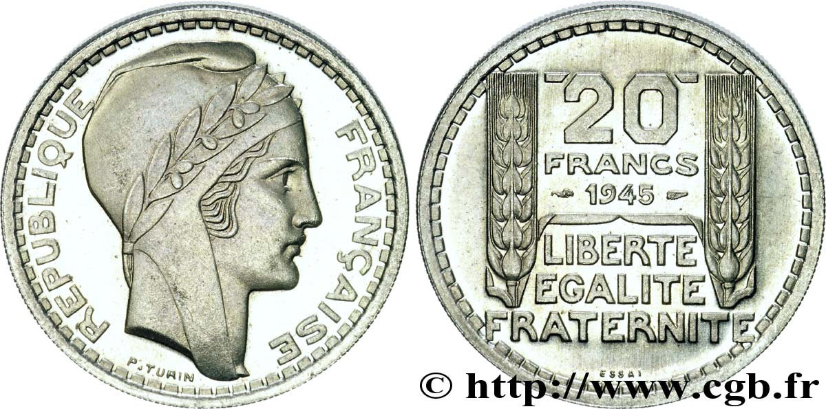 Essai de 20 francs Turin en cupro-nickel, rameaux longs 1945 Paris Maz.2745  SC 