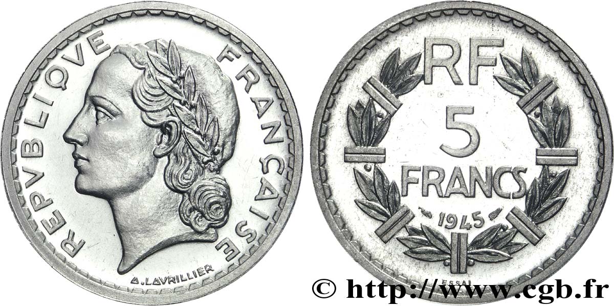 Essai-piéfort de 5 francs Lavrillier aluminium 1945  F.339/1 var. SPL 