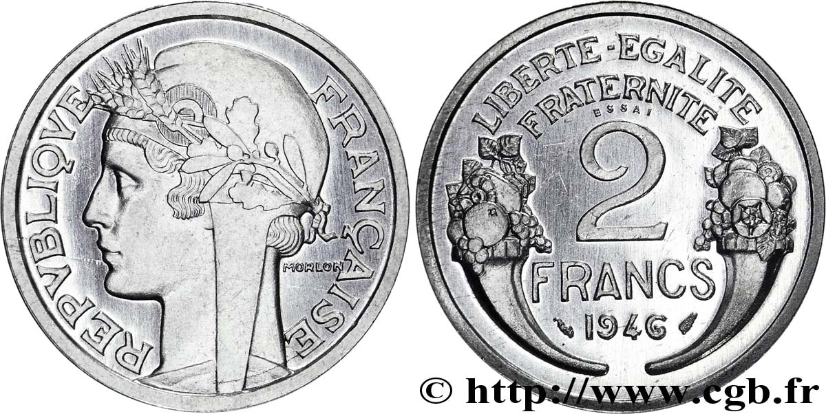 Essai-piéfort de 2 francs Morlon en aluminium 1946 Paris G.538a P MS 