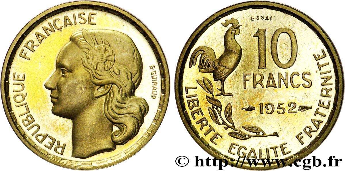 Essai - piéfort au double de 10 francs Guiraud 1952 Paris Maz.2768 a FDC 
