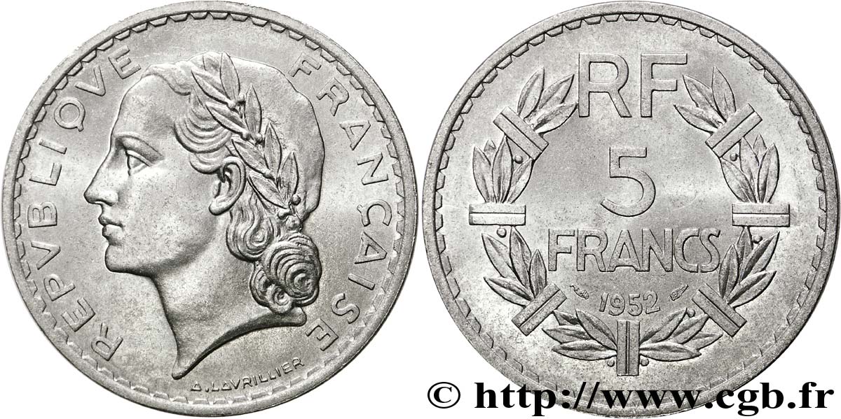 5 francs Lavrillier en aluminium 1952 Paris F.339/22 EBC 