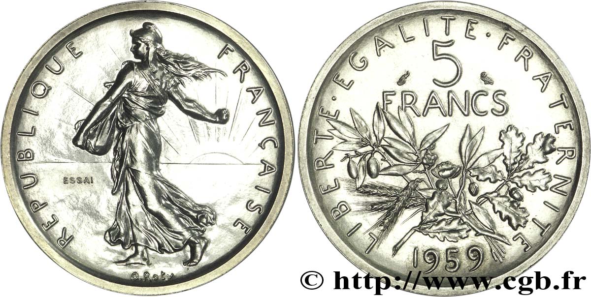 Essai-piéfort de 5 francs Semeuse, argent, grand 5 1959 Paris F.340/1P MS 