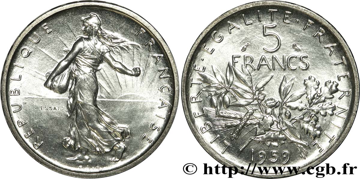 Essai de 5 francs Semeuse, argent, petit 5 1959 Paris F.340/2 SUP 