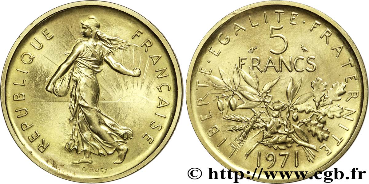 Piéfort or de 5 francs Semeuse, nickel au double de poids 1971 Paris F.341/3P fST 
