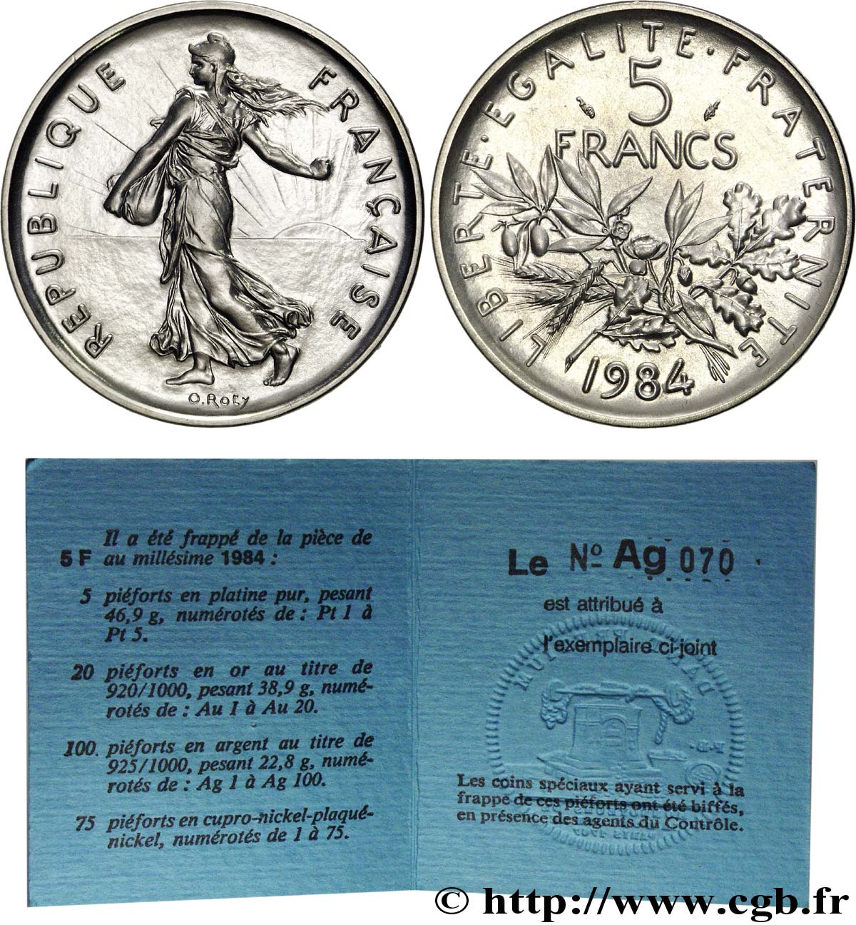 Piéfort argent de 5 francs Semeuse, nickel 1984 Pessac F.341/16P FDC 