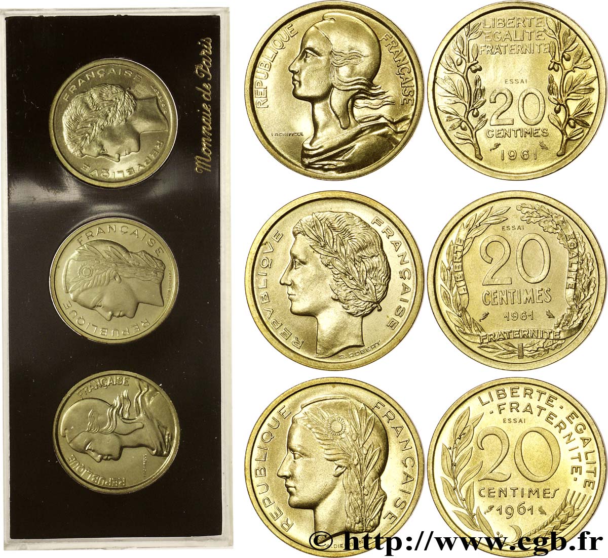 Boîte de trois essais de 20 centimes 1961, Dieudonné, Lagriffoul et Robert 1961 Paris G.328  MS 