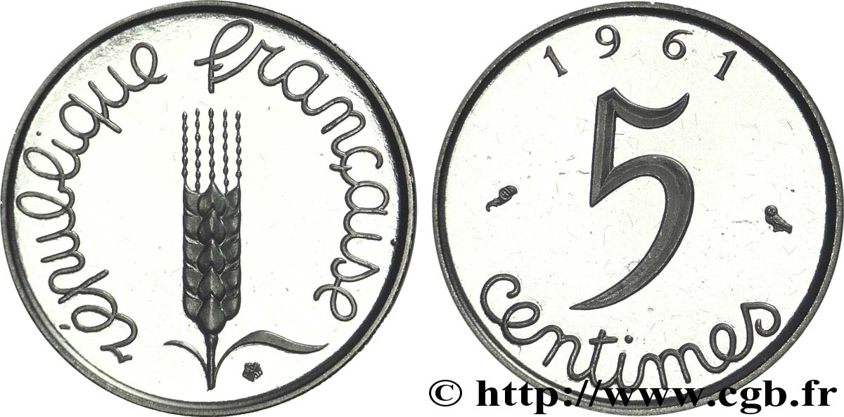 Piéfort acier de 5 centimes Épi 1961 Paris F.124/2 var. SPL 