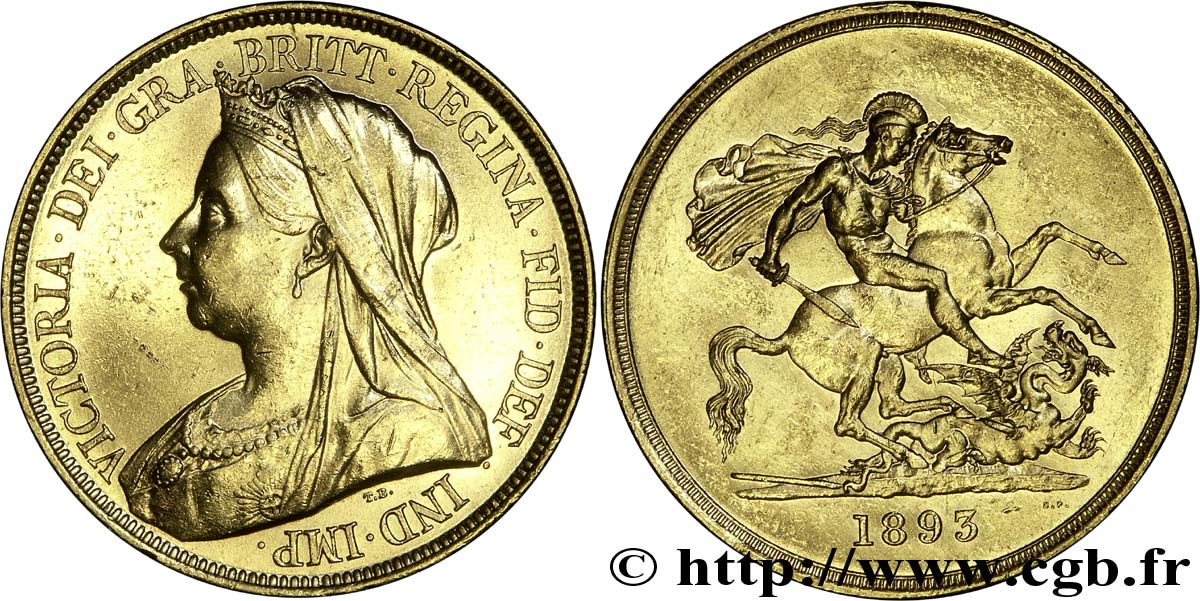 GREAT-BRITAIN - VICTORIA Cinq livres (Five pounds), Vieille tête 1893 Londres AU 