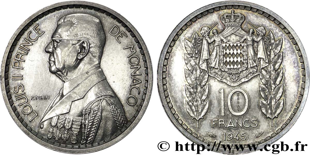 MONACO - LOUIS II Essai-piéfort de 10 francs Turin 1945 Paris MS 