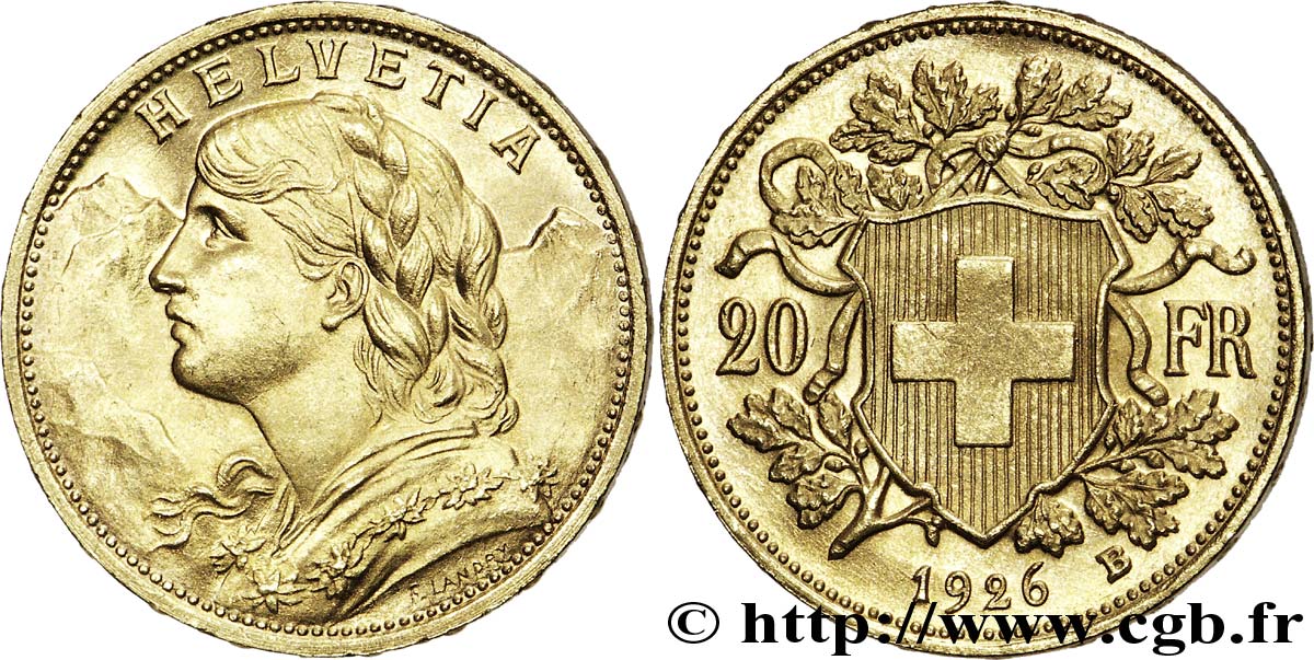 SWITZERLAND - HELVETIC CONFEDERATION 20 francs or  Vreneli  1926 Berne fST 