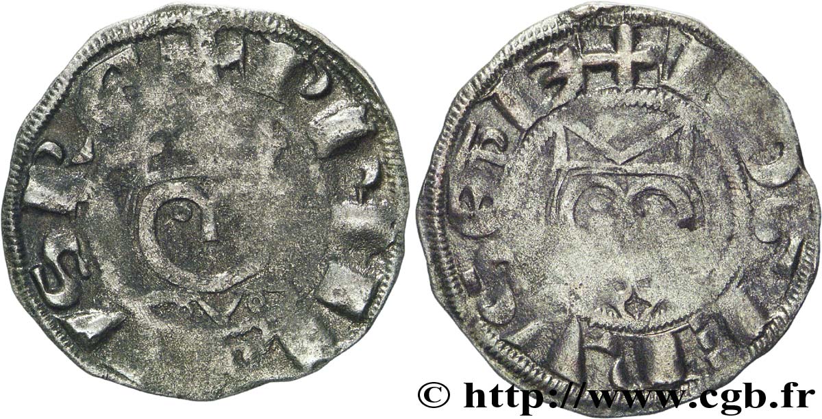 PHILIPPE II AUGUSTE ET ROGER II DE ROSOI Denier c. 1180-1201 Laon TB