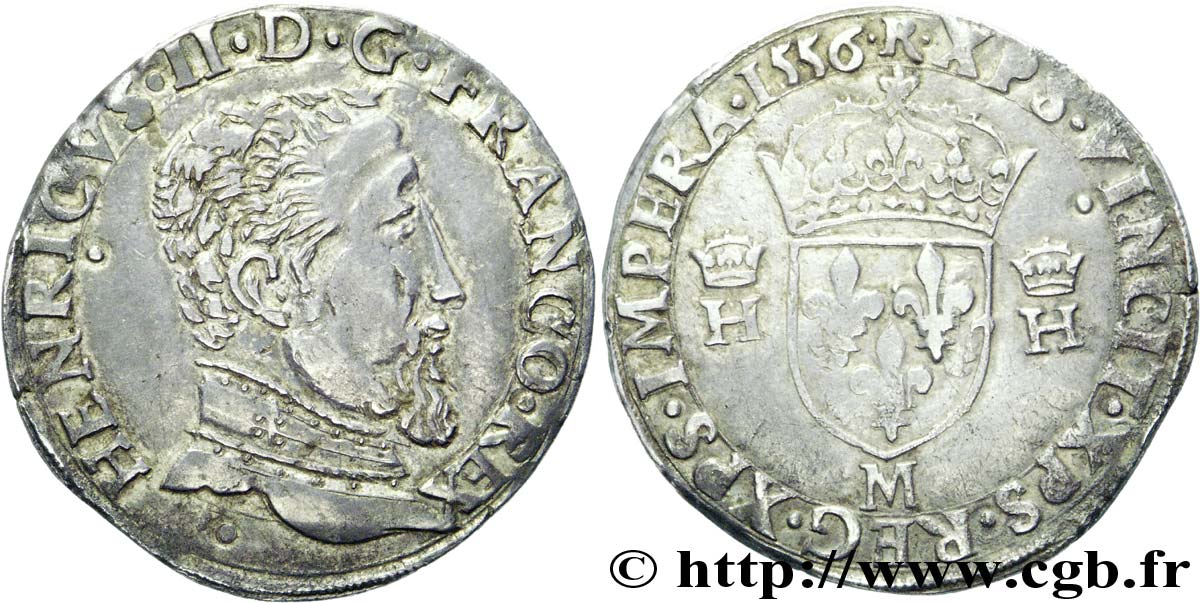 HENRY II Teston à la tête nue, 5e type 1556 Toulouse AU/XF