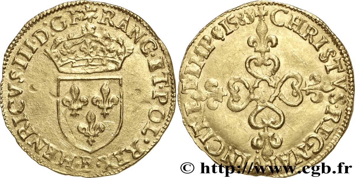 HENRI III Écu d or au soleil, 3e type 1583 Rouen TTB/TTB+