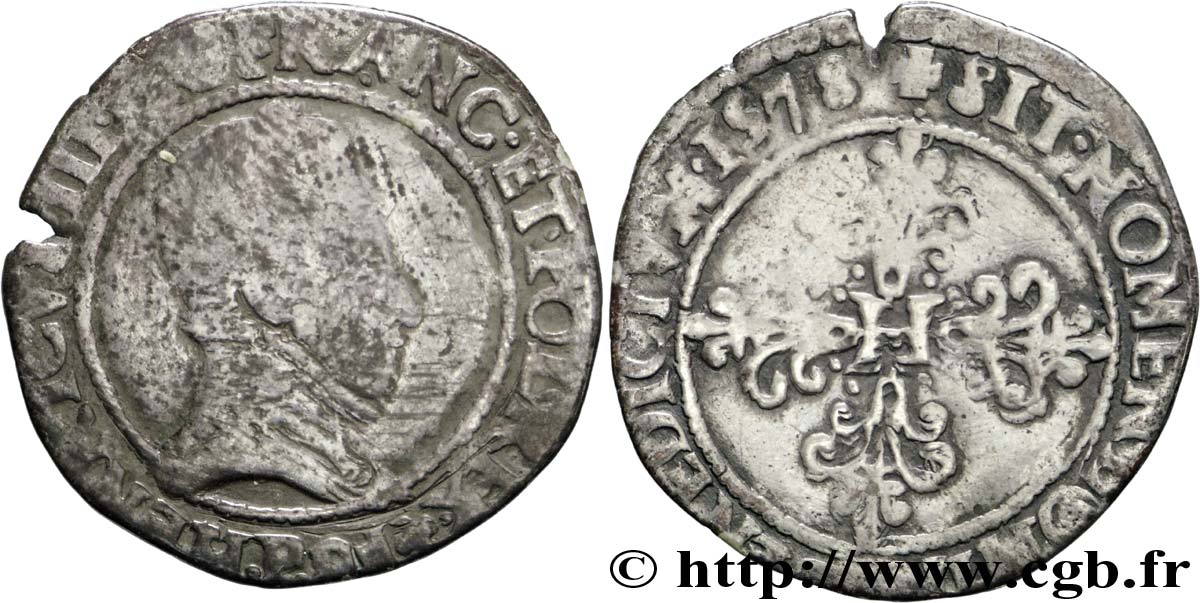 HENRI III Quart de franc au col plat 1578 Dijon B/B+