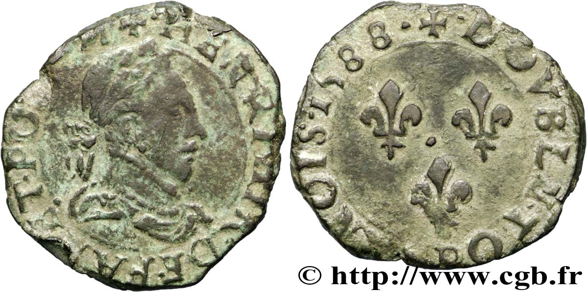 HENRY III Double tournois, 2e type de Dijon, légende fautée au droit (FAN) 1588 Dijon XF