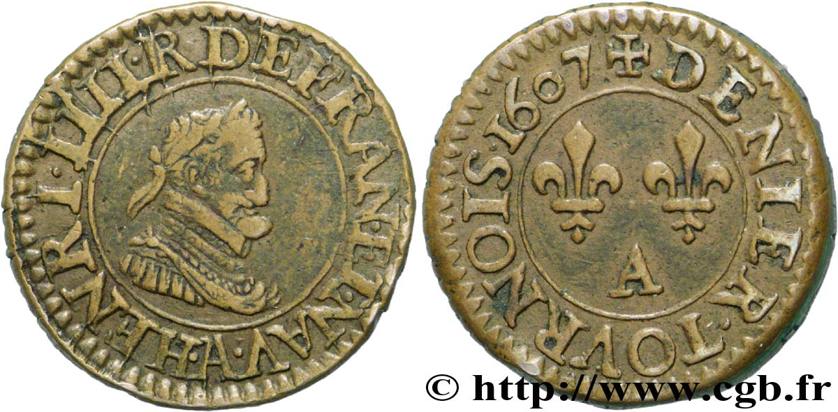 HENRI IV LE GRAND Piéfort du denier tournois de poids quadruple 1607 Paris, Moulin TTB