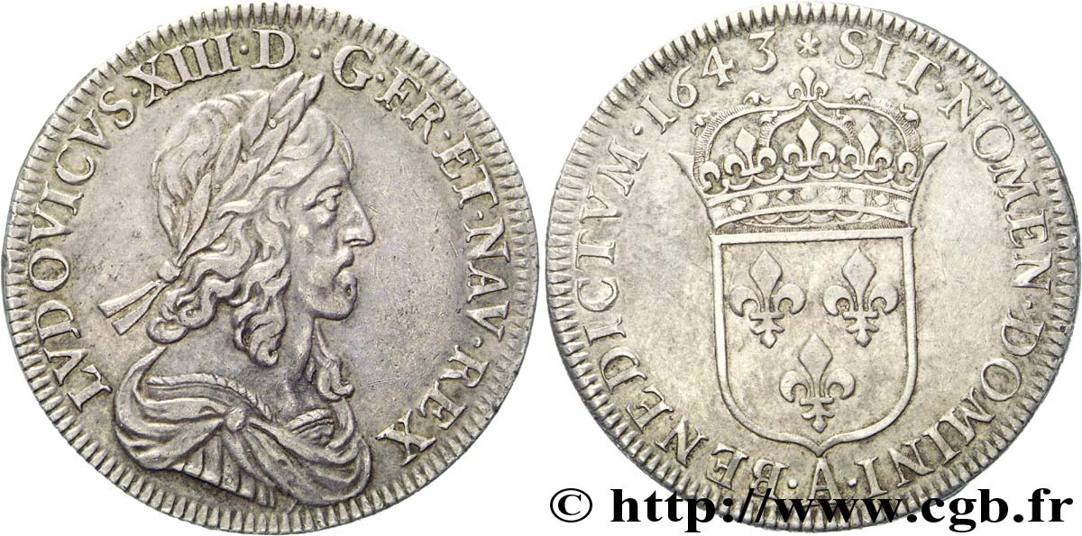 LOUIS XIII LE JUSTE Demi-écu, buste drapé et cuirassé (2e buste de Jean Warin) 1643 Paris, Monnaie de Matignon TTB+/TTB