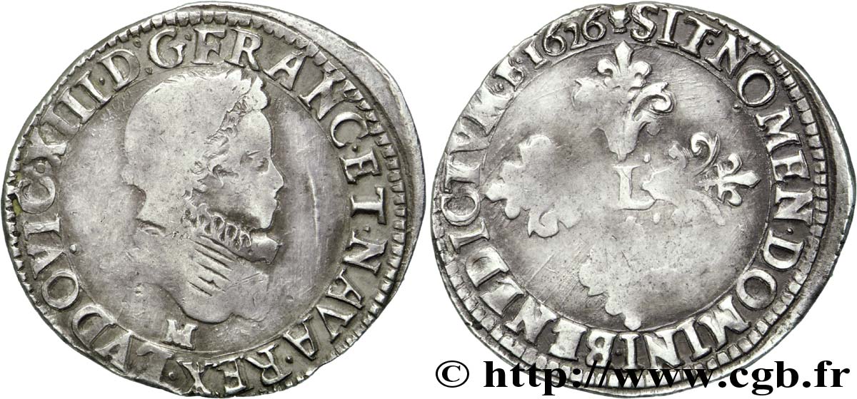LOUIS XIII  Demi-franc au buste enfantin et fraisé 1626 Toulouse VF