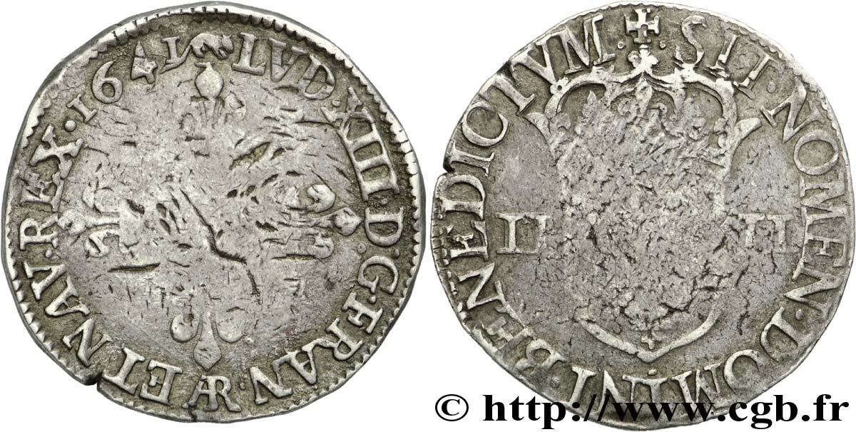 LOUIS XIII LE JUSTE Quart d&nbsp;écu, à la croix fleurdelisée, titulature côté croix 1641 Arras TB+