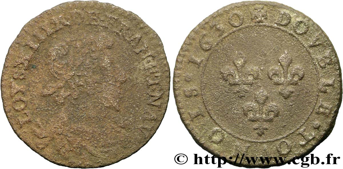 LOUIS XIII  Double tournois, type 7, légende fautée (TOVNOIS) 1630 Paris VF/VF