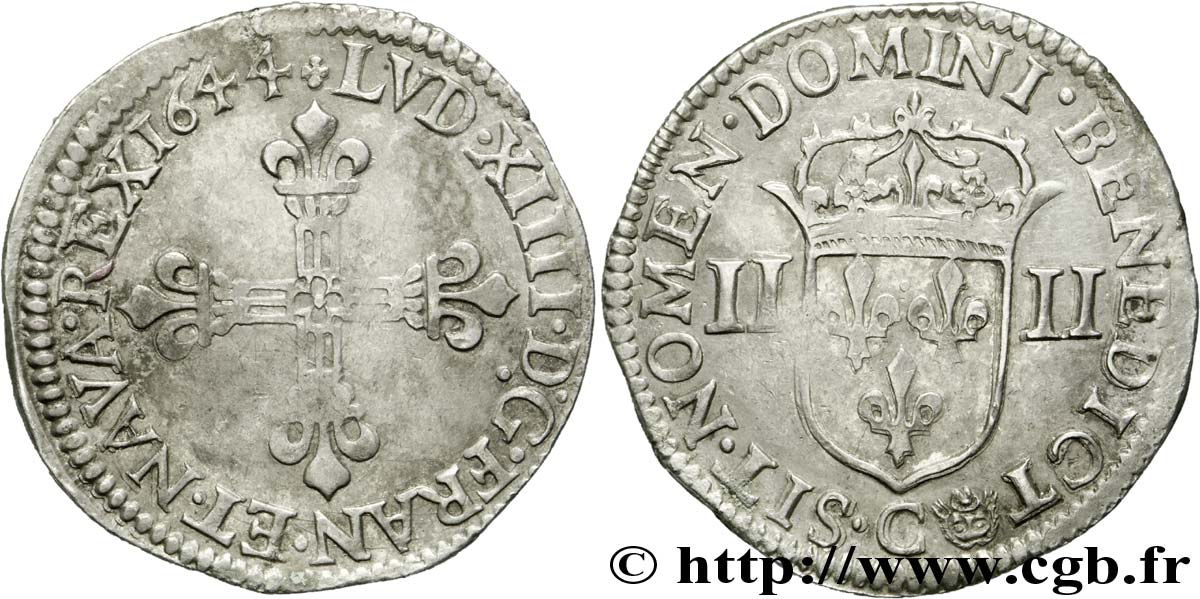 LOUIS XIV LE GRAND OU LE ROI SOLEIL Quart d écu, 1er type 1644 Saint-Lô TTB+