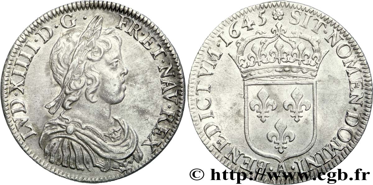 LOUIS XIV  THE SUN KING  Demi-écu à la mèche courte 1645 Paris, Monnaie de Matignon SC