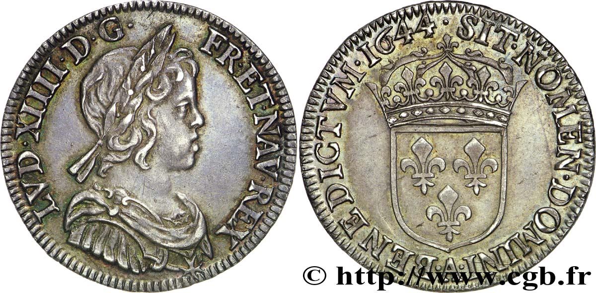 LOUIS XIV  THE SUN KING  Quart d écu à la mèche courte 1644 Paris, Monnaie du Louvre SPL/MS