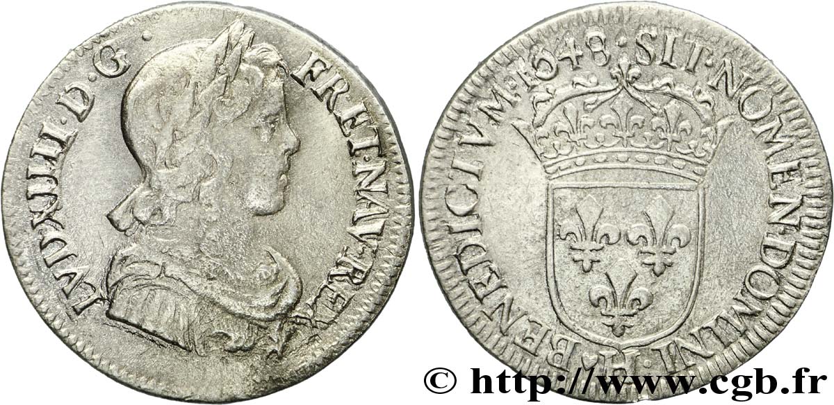 LOUIS XIV LE GRAND OU LE ROI SOLEIL Quart d écu à la mèche longue 1648 La Rochelle TB/TB+