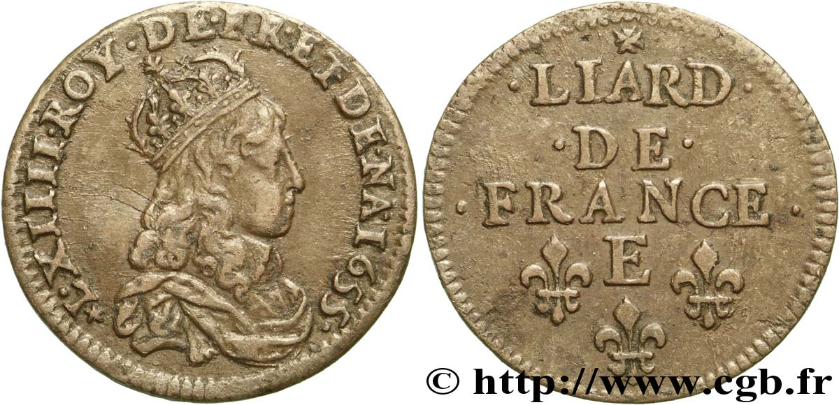 LOUIS XIV  THE SUN KING  Liard de cuivre, 2e type 1655 Meung-sur-Loire fVZ