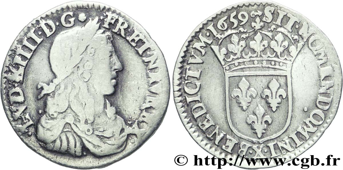 LOUIS XIV LE GRAND OU LE ROI SOLEIL Douzième d&nbsp;écu au buste juvénile, 1er type 1659 Amiens TB/TTB
